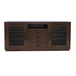 Auburn Hills 70" Contemporary Media Console With Tempered Glass Doors, Drawers And Adjustable Shelv