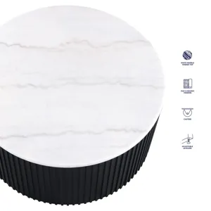 Colvin 36" Round White Marble Top Coffee Table With Casters, Black Finish