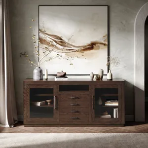 Auburn Hills 70" Contemporary Media Console With Tempered Glass Doors, Drawers And Adjustable Shelv