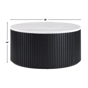 Colvin 36" Round White Marble Top Coffee Table With Casters, Black Finish