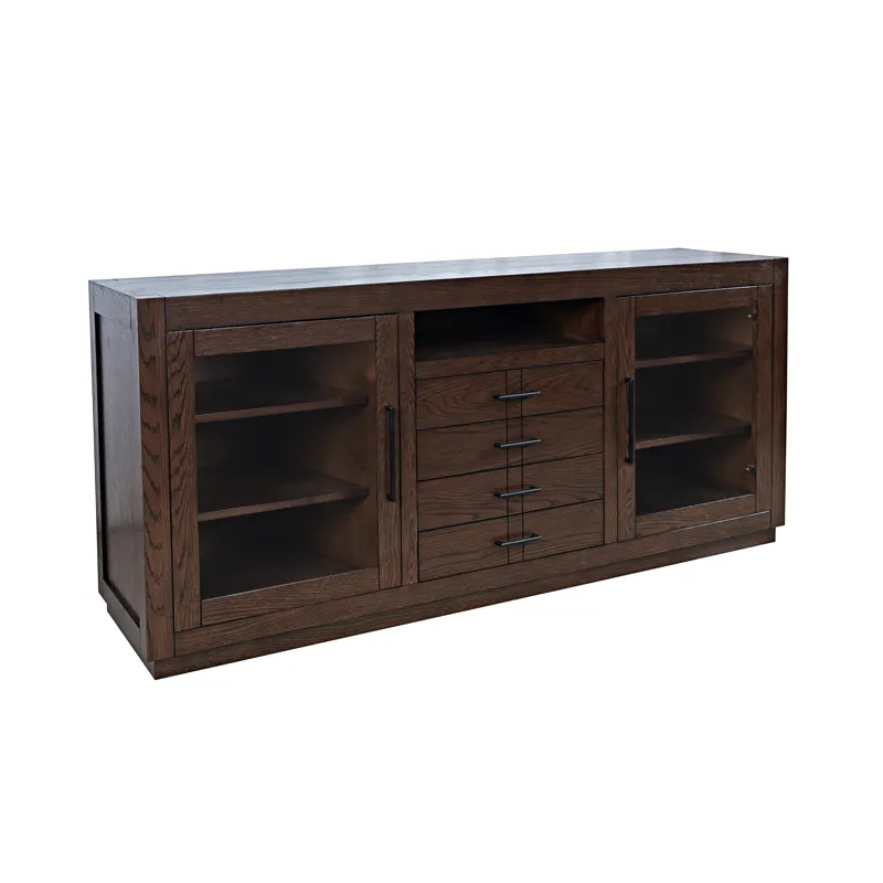 Auburn Hills 70" Contemporary Media Console With Tempered Glass Doors, Drawers And Adjustable Shelv