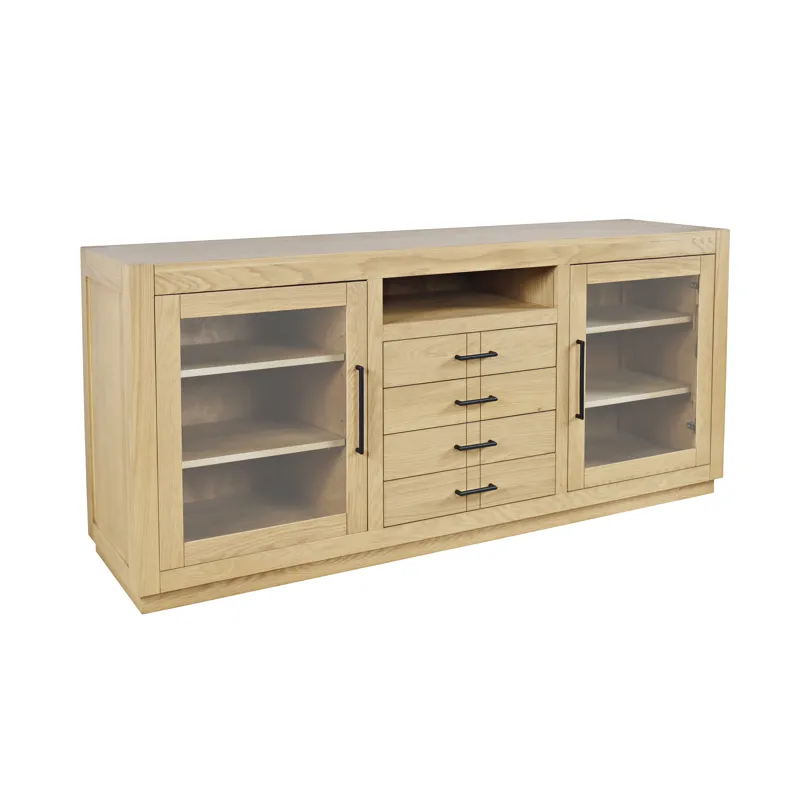 Auburn Hills 70" Contemporary Media Console With Tempered Glass Doors, Drawers And Adjustable Shelv