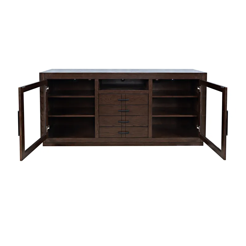 Auburn Hills 70" Contemporary Media Console With Tempered Glass Doors, Drawers And Adjustable Shelv
