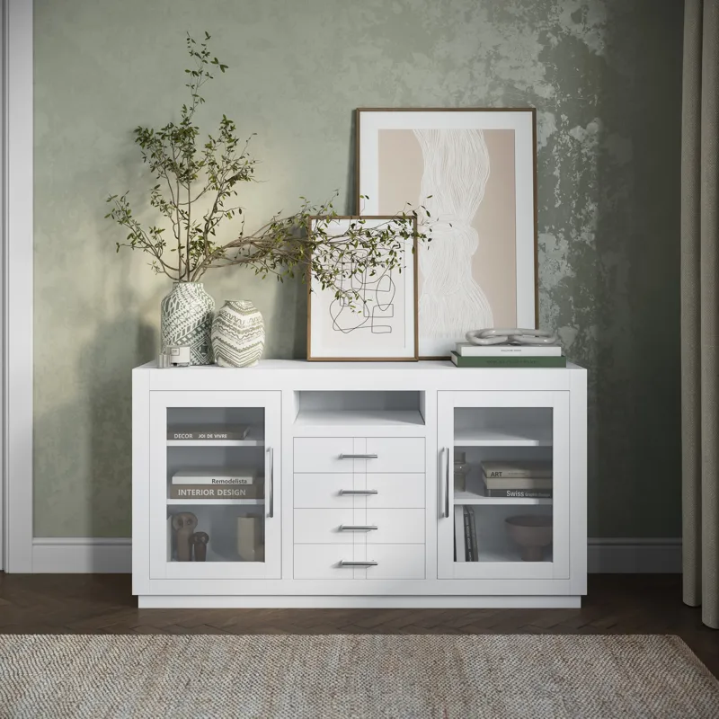 Auburn Hills 60" Contemporary Media Console With Tempered Glass Doors, Drawers And Adjustable Shelv