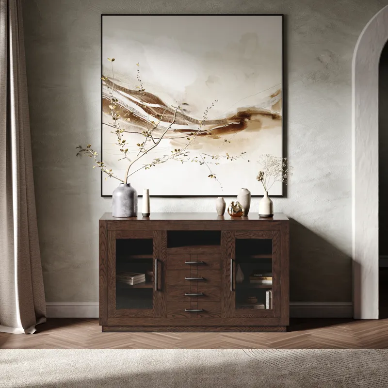 Auburn Hills 50" Contemporary Media Console With Tempered Glass Doors, Drawers And Adjustable Shelv