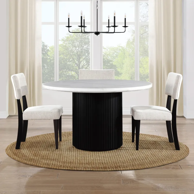Colvin 5-Piece 52" Round White Marble Dining Set, Black