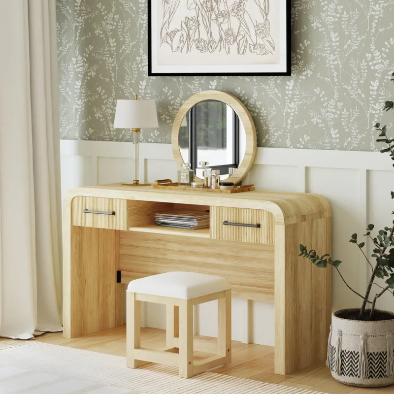 Ridgemont Dressing Table, Mirror. &amp; Stool in Natural