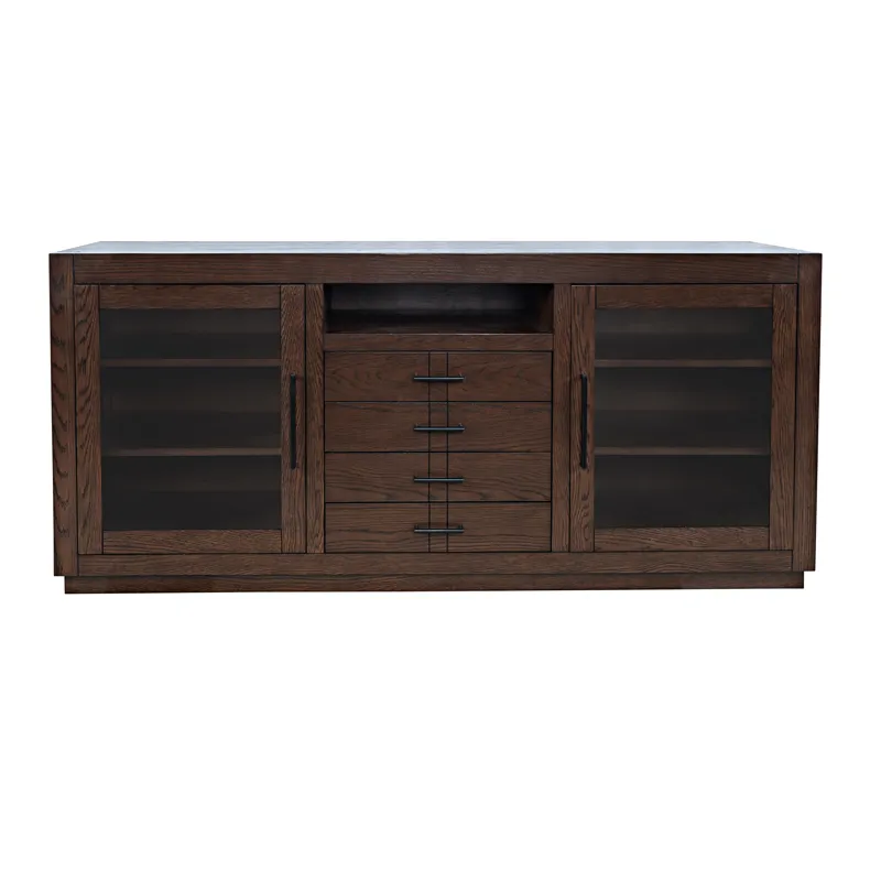 Auburn Hills 70" Contemporary Media Console With Tempered Glass Doors, Drawers And Adjustable Shelv