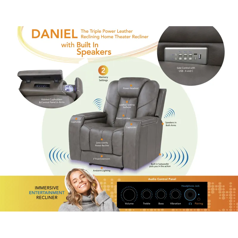 Daniel Triple Power Leather Recliner with Speakers, Heat & Massage