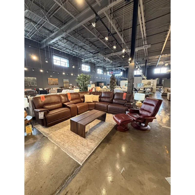 London Walnut Leather 6 Piece Power Reclining Sectional