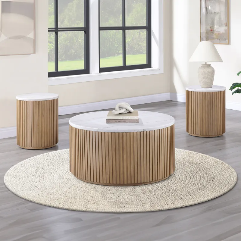 Colvin 36" Round White Marble Top Coffee Table, Toffee