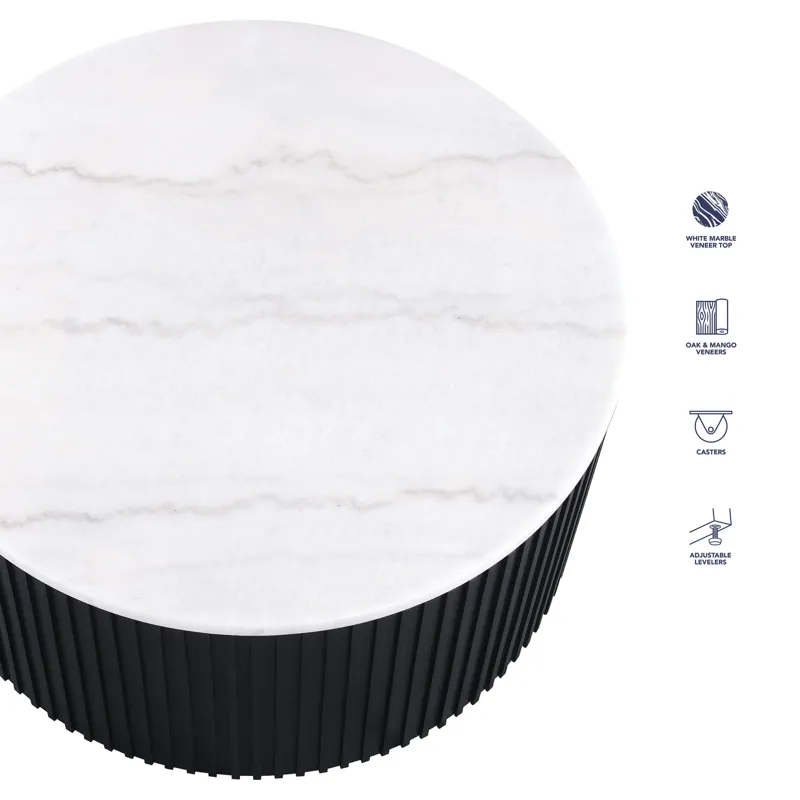 Colvin 36" Round White Marble Top Coffee Table With Casters, Black Finish