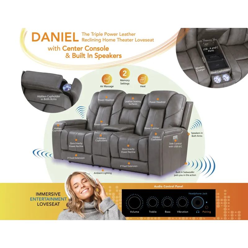 Daniel Triple Power Leather Sofa w/ Speakers, Heat & Massage