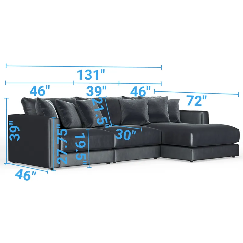 Remington 3 Piece Sectional Sofa Chaise - Slate