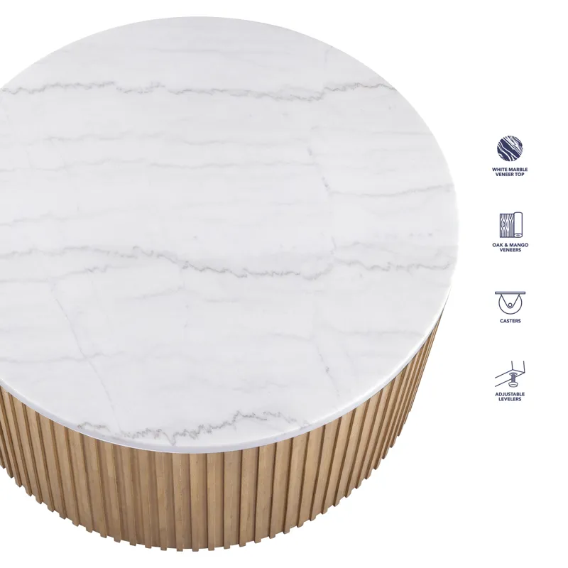Colvin 36" Round White Marble Top Coffee Table, Toffee
