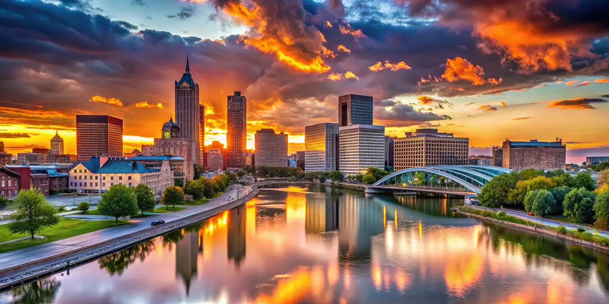 The Rochester, New York skyline along the Genesee River