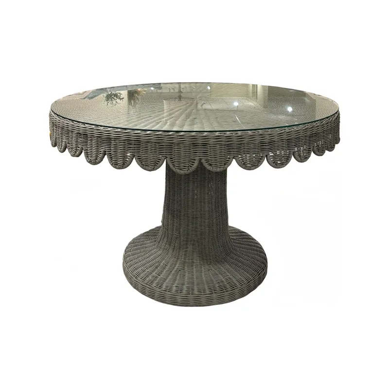 Scalloped Round Rattan Dining Table 48'' w/ Tempered Glass