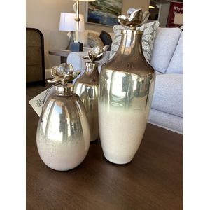 S/3 12/13/18" Quincy Glass Bottles w/ Metal Flower Topper