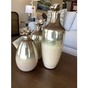 S/3 12/13/18" Quincy Glass Bottles w/ Metal Flower Topper