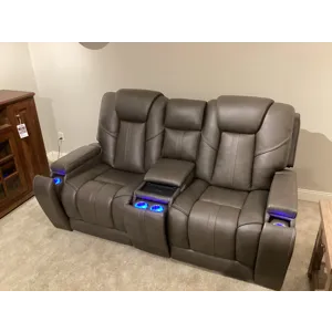 Daniel Triple Power Home Theater Leather Reclining Console Loveseat, Built-in Speakers, Heat and Mas