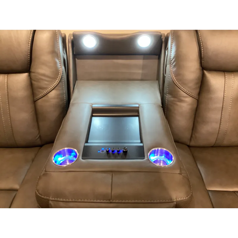 Daniel Triple Power Home Theater Leather Reclining Sofa with Drop-Down Control Console, Built-in Spe