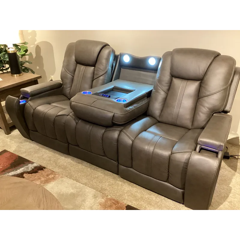 Daniel Triple Power Home Theater Leather Reclining Sofa with Drop-Down Control Console, Built-in Spe