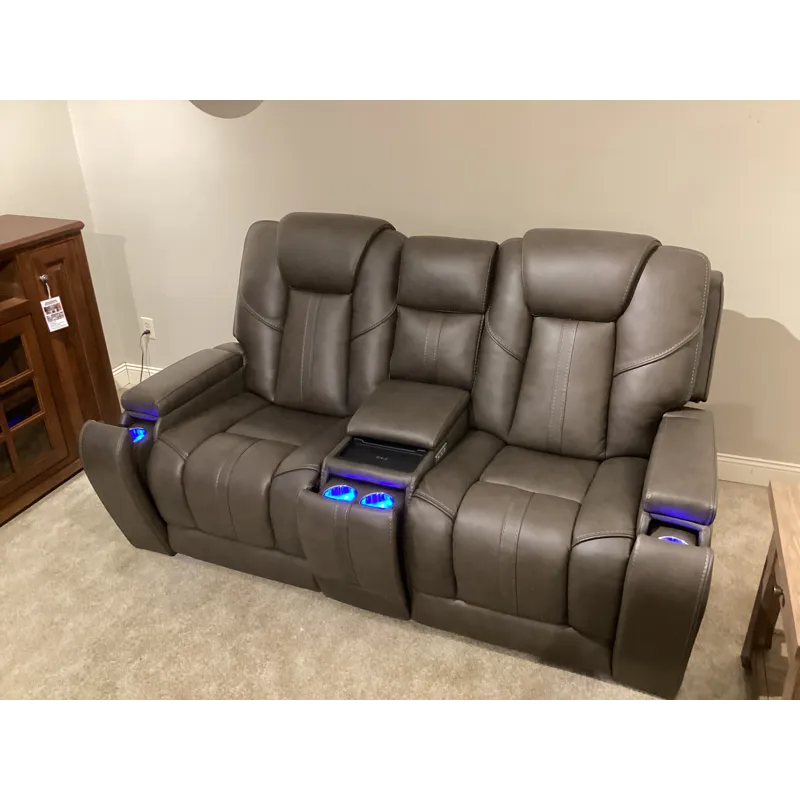 Daniel Triple Power Home Theater Leather Reclining Console Loveseat, Built-in Speakers, Heat and Mas