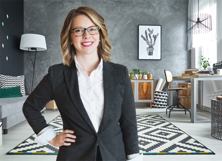 Interior designer standing in a modern and eclectic room