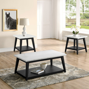 Vida White Marble, Black Finish 3-Piece Occasional Set(Cocktail Table & 2 End Tables)