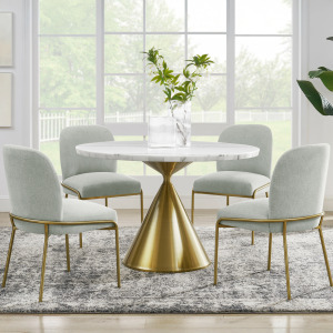 Conrad 5-Piece 48″ Round White Marble Dining Set With Gold Base