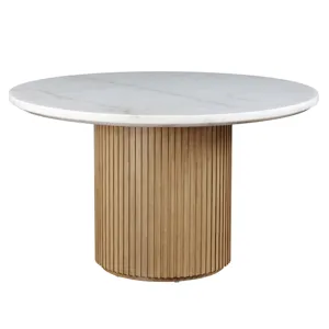 Colvin 52-inch Round White Marble Table, Brown Base