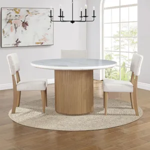 Colvin 52-inch Round White Marble Table, Brown Base