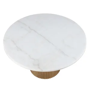 Colvin 52-inch Round White Marble Table, Brown Base