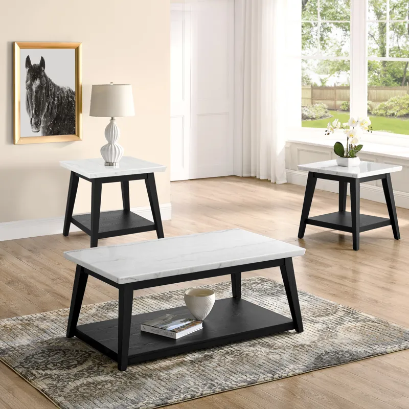 Vida White Marble, Black Finish 3-Piece Occasional Set(Cocktail Table & 2 End Tables)