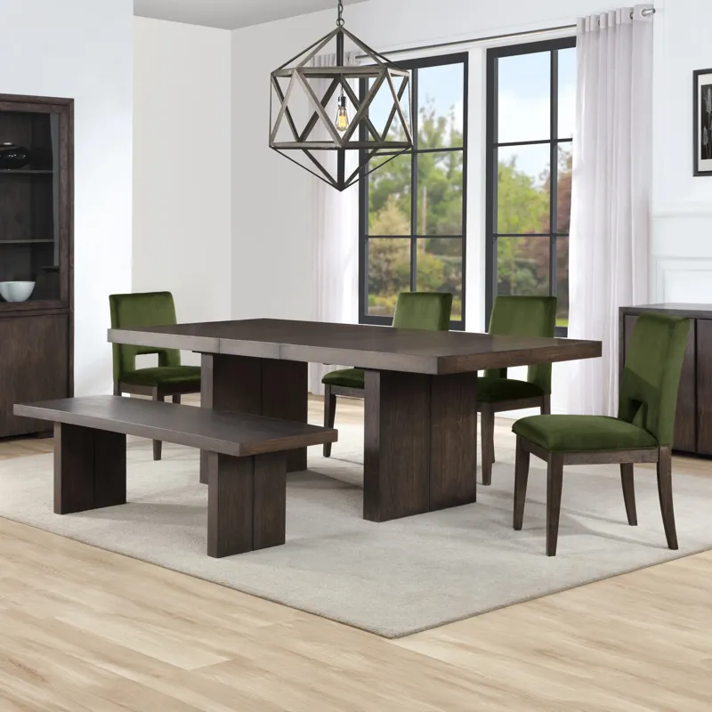 Evan 78-96-Inch Dining Table W/18-Inch Leaf, 4 Green Side Chairs, Bench