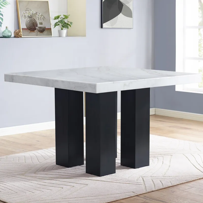 Artemis 5PC 54x54? White Marble Counter w Blk PU Chairs Dining Set