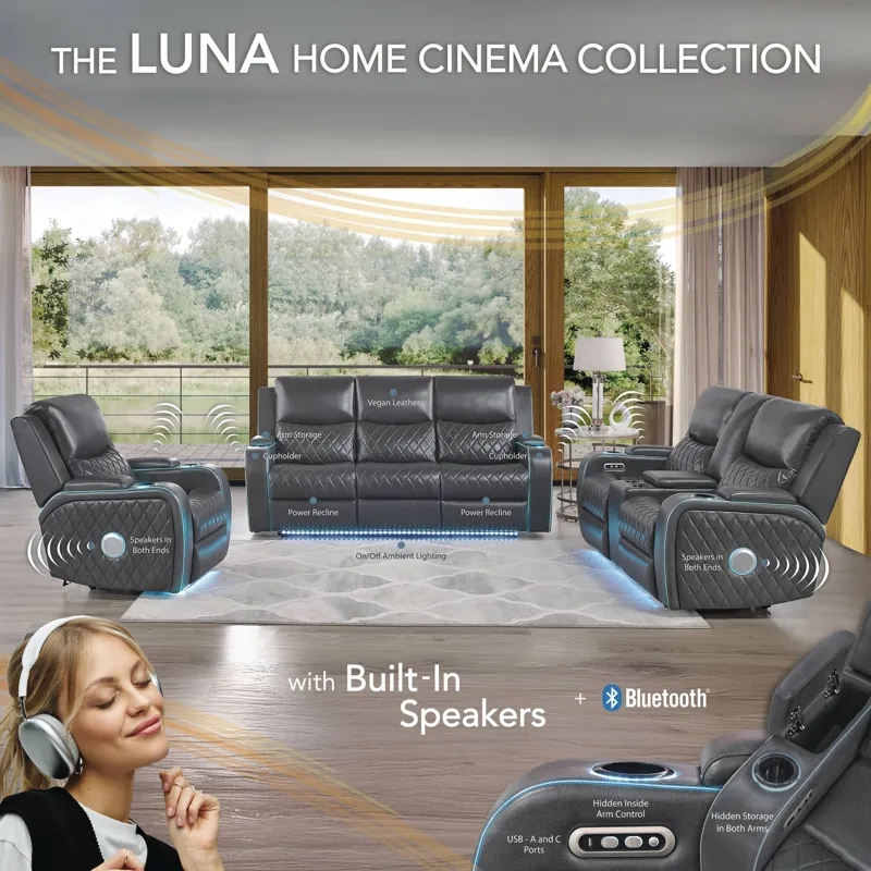 Luna Charcoal Power 3pcs Living Room Set