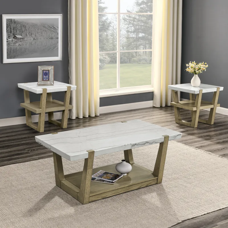 Perth 3-Piece Marble Top Occasional Set(Cocktail Table & Two End Tables)
