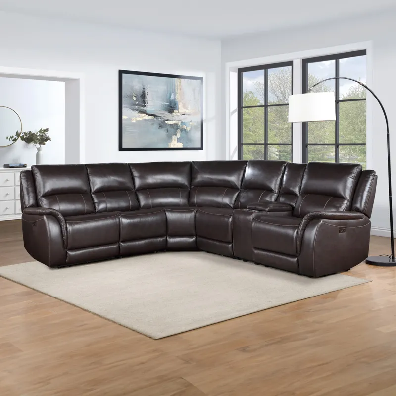 Alexandria 6-Piece Dual-Power Leather Reclining Sectional, Chocolate Sectional