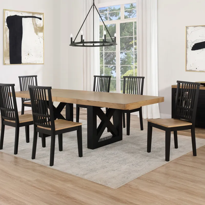 Magnolia 7-Piece Set, 72-108\" Dining Table W/2-18 Leaves, 6 Side Chairs, Black Base
