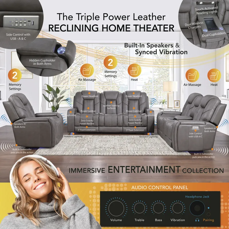 Daniel 3-Piece Triple Power Home Theater Immersive Entertainment Leather Reclining Set