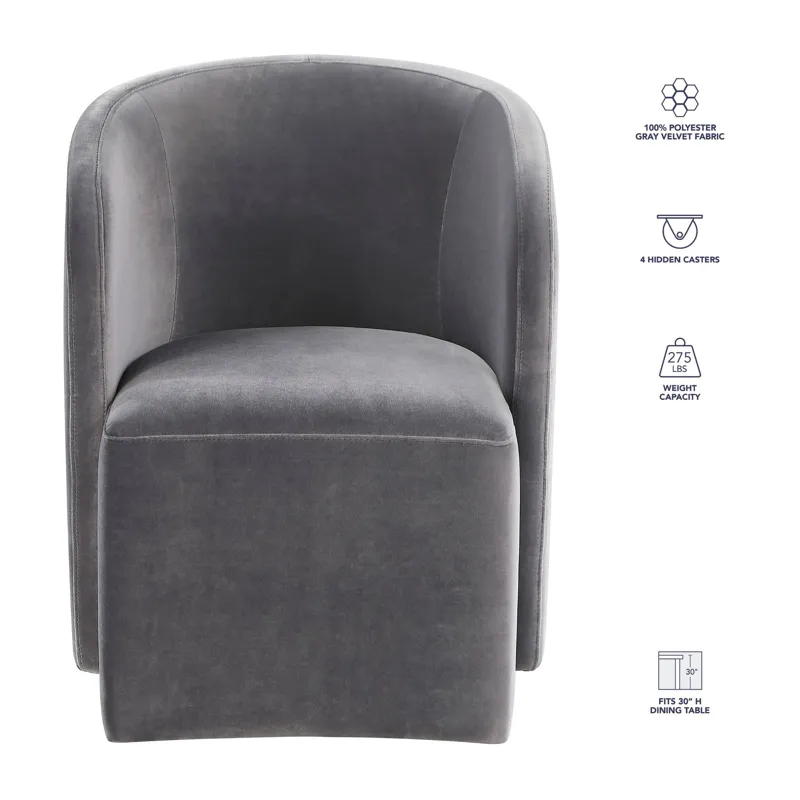 Annie Gray Velvet Barrel Chair W/Casters