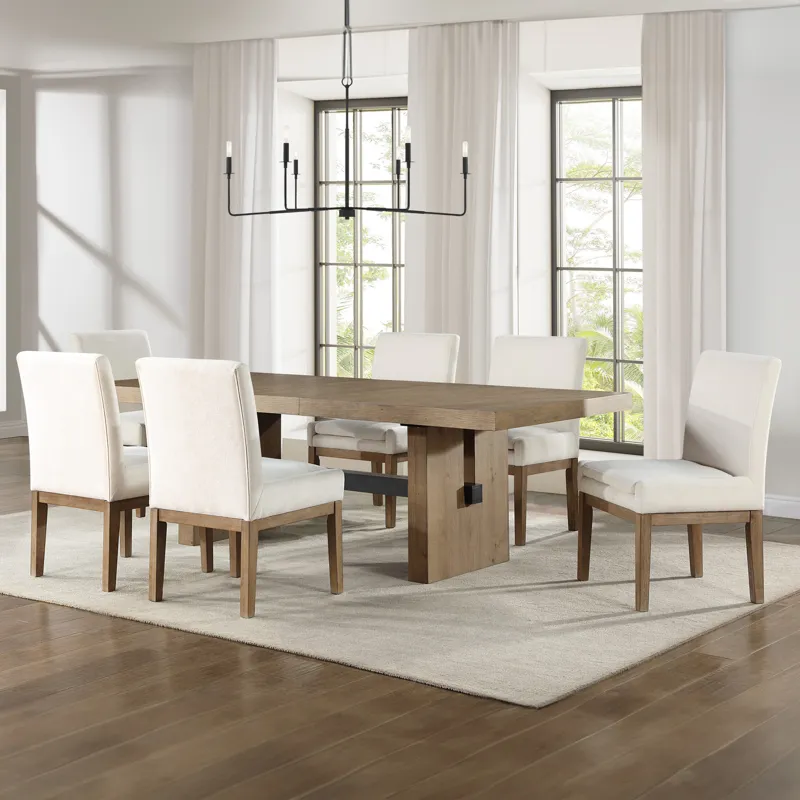 Aubrey 7-Piece 78-96\" Dining Table Set With 6 Upholstered Parsons Chairs, Brown