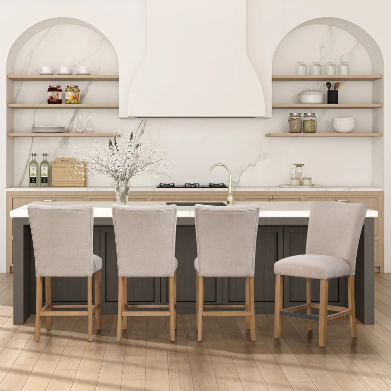 Artemis White Marble 5-Piece Counter Height Dining Set with Beige Chenille Chairs