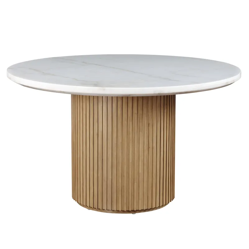 Colvin 52-inch Round White Marble Table, Brown Base