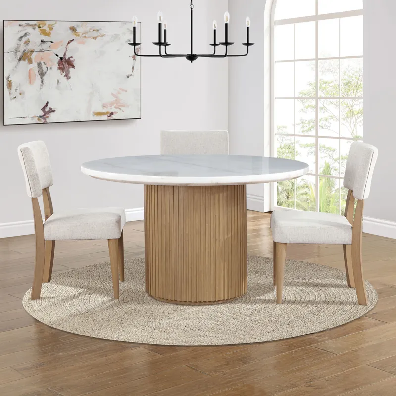 Colvin 52-inch Round White Marble Table, Brown Base
