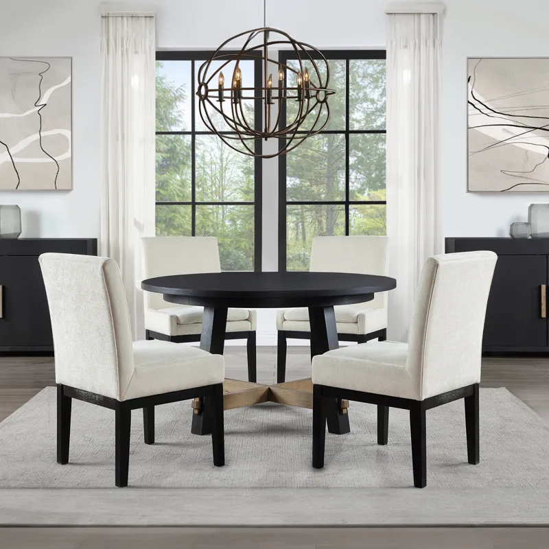 Aubrey 5-Piece 54\" Round Dining Table With 4 Upholstered Parsons Chairs, Black