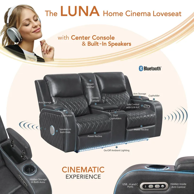Luna Charcoal Power Console Loveseat