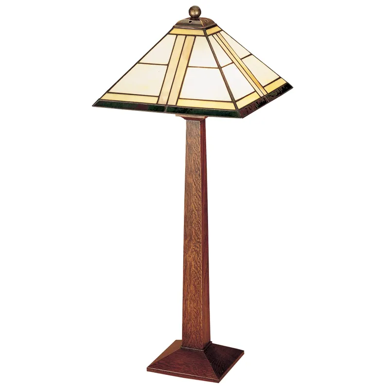 Mission Square Base Table Lamp With Art Glass Shade Oak