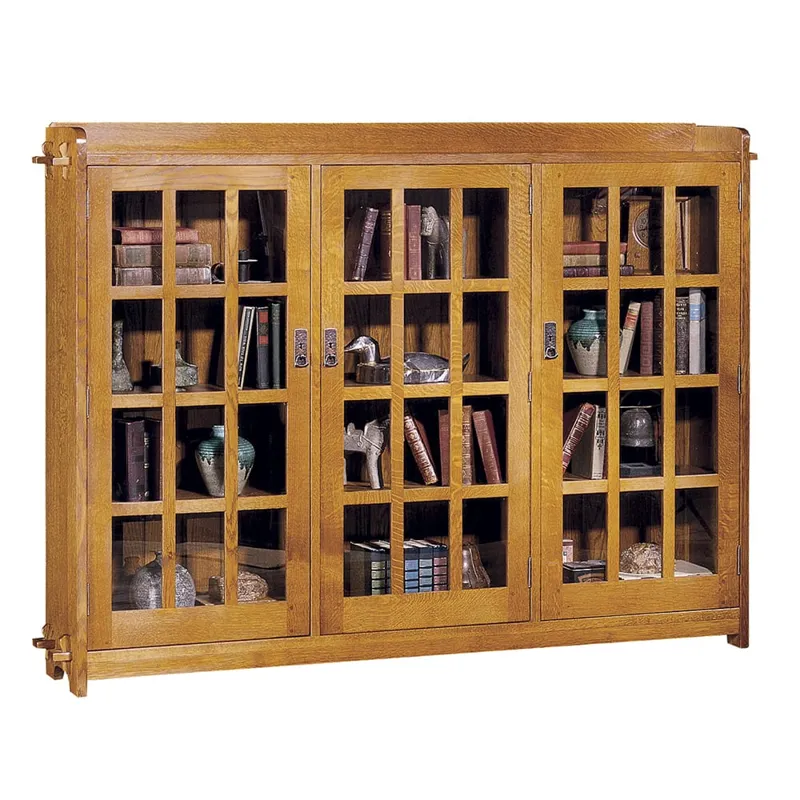 Mission Triple Bookcase With Glass Doors Oak